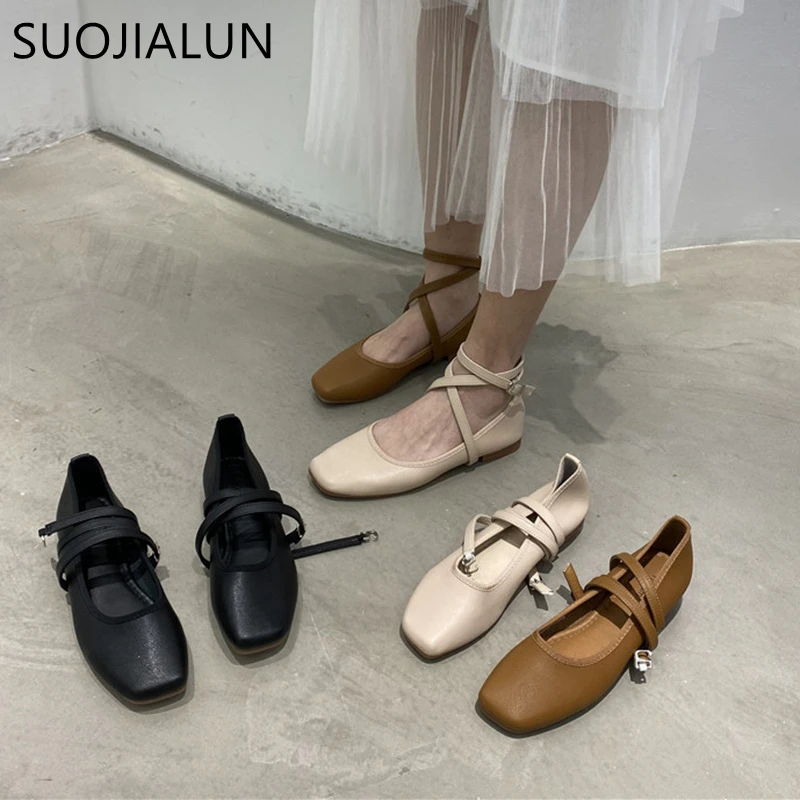 SUOJIALUN 2021 New Women Round Toe Flats Shoes Shallow Slip On Ballet Flat Ankle Strap Casual Loafers Soft Ballerina zapatos muj