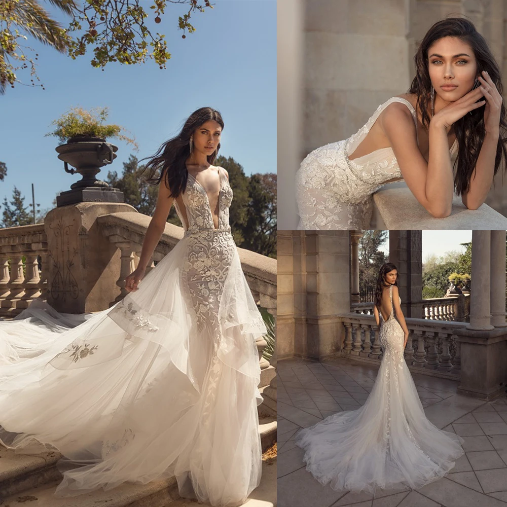 

Sexy Sheath Mermaid Wedding Dresses With Tulle Tiered Detachable Train Lace Applique Vestido De Noiva Custom Made Bridal Dress