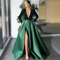 2021 dark green elegant evening dresses with long sleeve dubai arabic sequins satin party prom gowns deep v neck high split