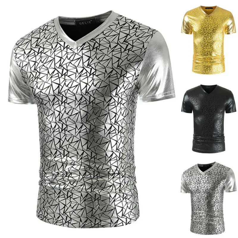 

Mens V-Neck Casual Geometric Print Short Sleeve Thin Tops Summer Comfy T-Shirt