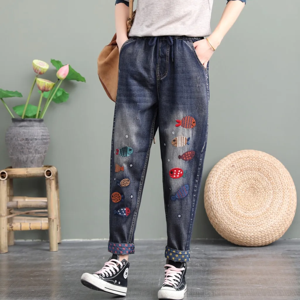 

New Autumn 2021 Embroidered Fish Loose Casual Large Size Denim Trousers Retro Harem Pants for Women Jeans