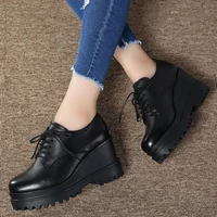 spring autumn fashion women genuine leather casual lace up platform wedges pumps lady black with heels fall shoes