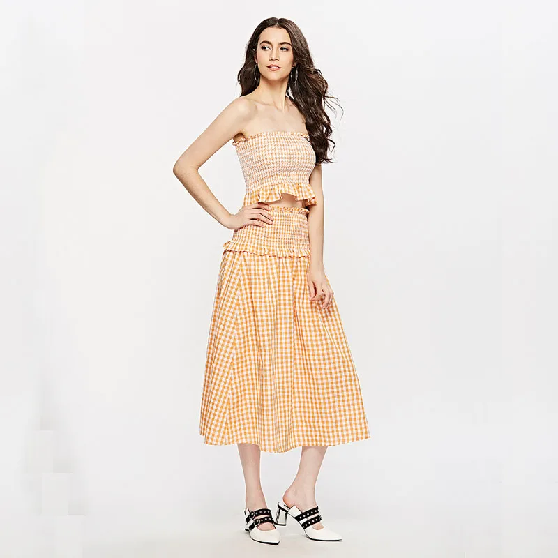 

High Quality New Women Clothes Plaid Print 2 Piece Sets Slash Neck Ruffles Tops and Long Loose Skirts 2021 Ladies Set