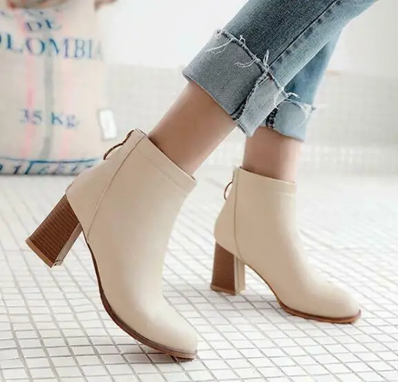 

Ladies Round Toes Back Zipper Block Heel Ankle Boots Casual Warm Boots Black