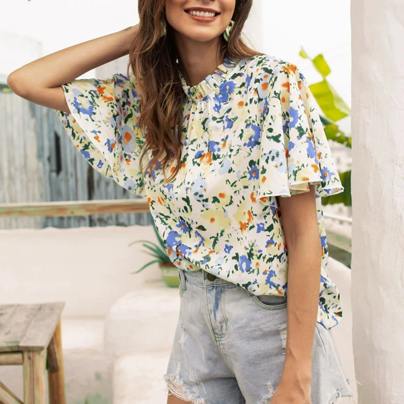 

Women's High Neck Printed Fashion Floral Short Sleeve T-Shirt Flower Color