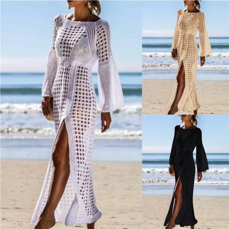2021 Crochet Tunic Beach Dress Cover-ups Summer Women Beachwear Sexy Hollow Out Knitted Swimsuit Cover Up Robe de plage