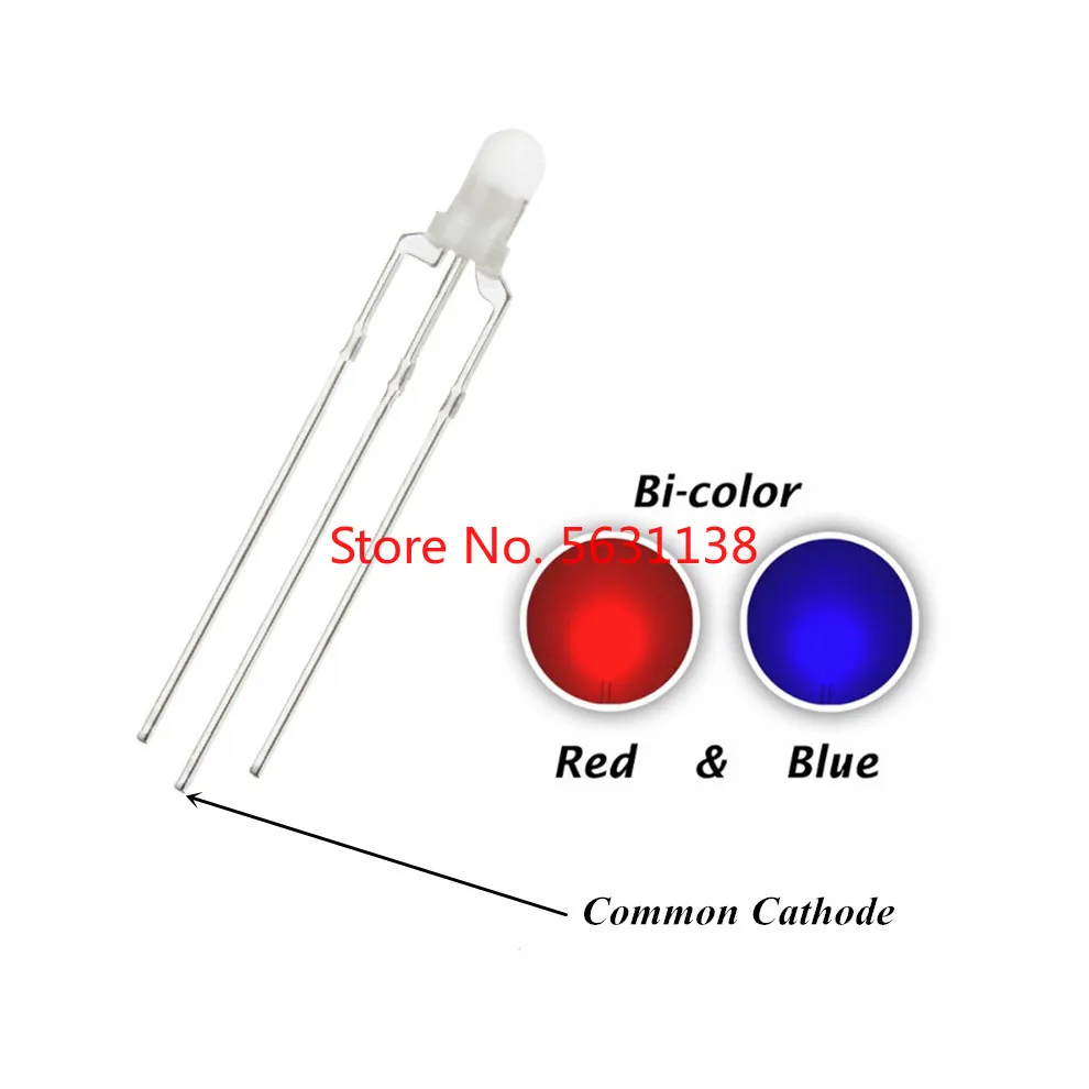 

100pcs 3mm F3 Red And Blue Diffused chip LED Common Cathode 3pin LEDs Indicator Light Round Head 20mA Bicolor Lamp Light Beads