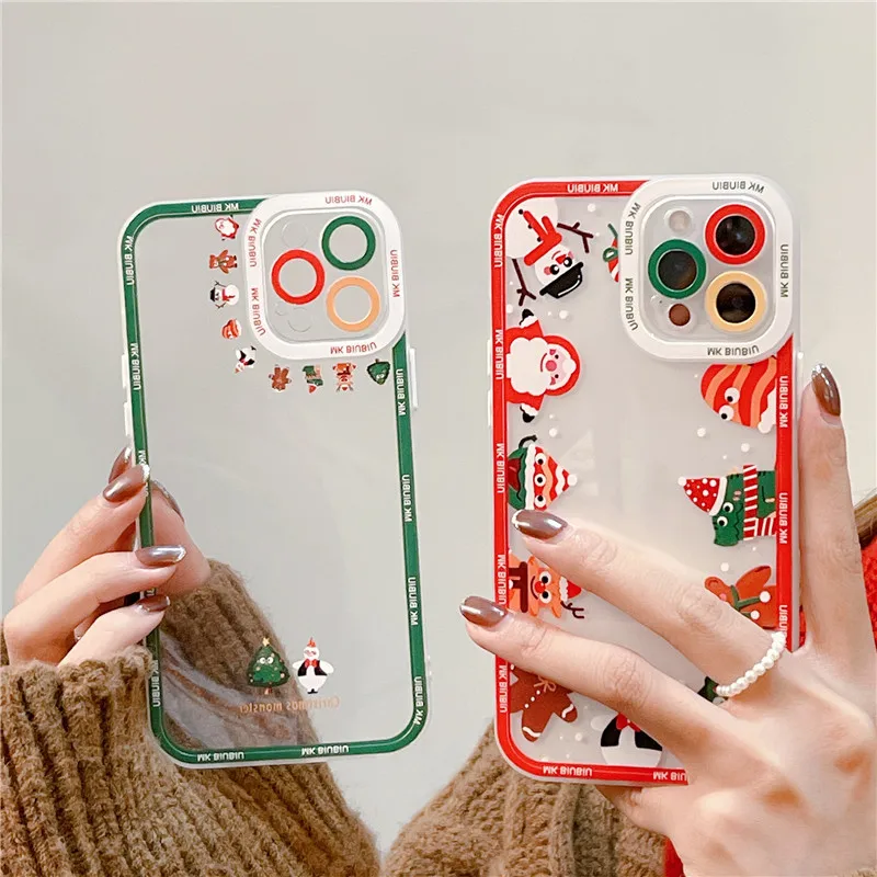 

Merry Christmas Transparent Phone Case For iPhone 11 12 13 Pro Max X XS XR Cartoon Santa Claus Bumper Shockproof Back Cover
