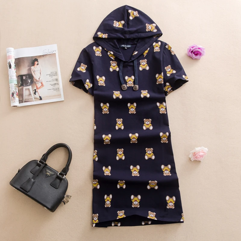 

Baharcelin 4XL 5XL Embroidery Casual Hooded Dresses De Festa T Shirt Femme Printed Cute Bear Dresses Ete Vestidos