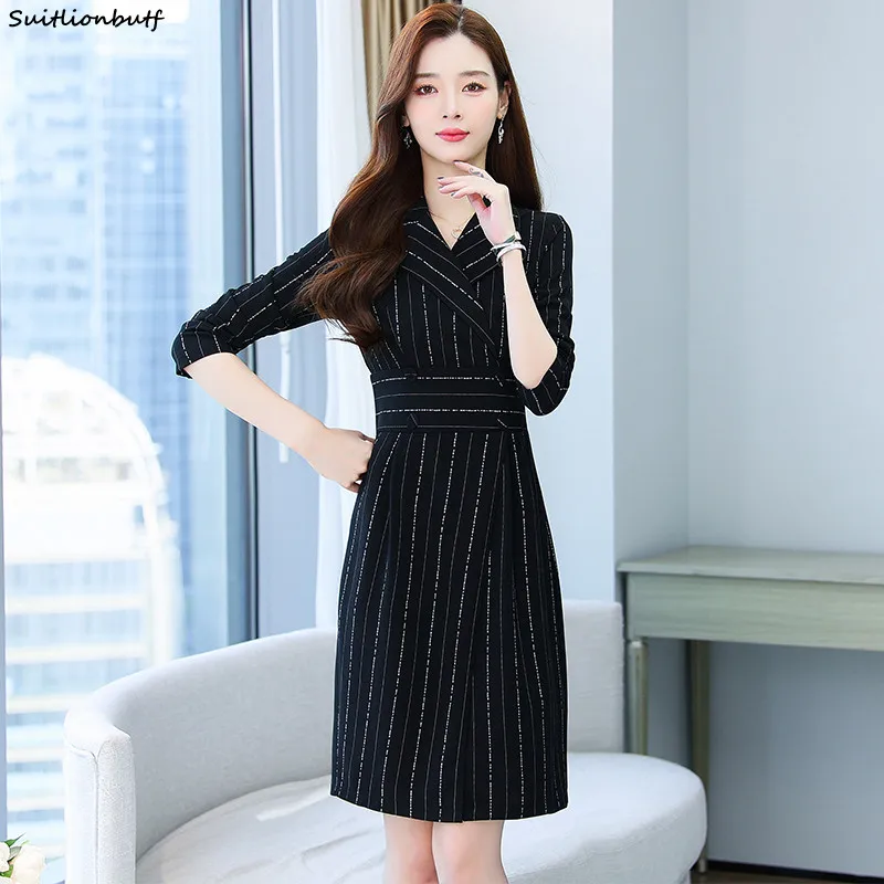 

Женский костюм в полоску 3XL, офисные платья с длинным рукавом, корейский французский пуловер с тонкой талией, черное осенне-зимнее платье 2021