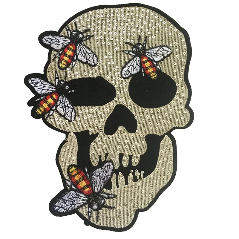 Вышитая Пчела Череп нашивки для куртки большой пчела Скелет голова блестящая