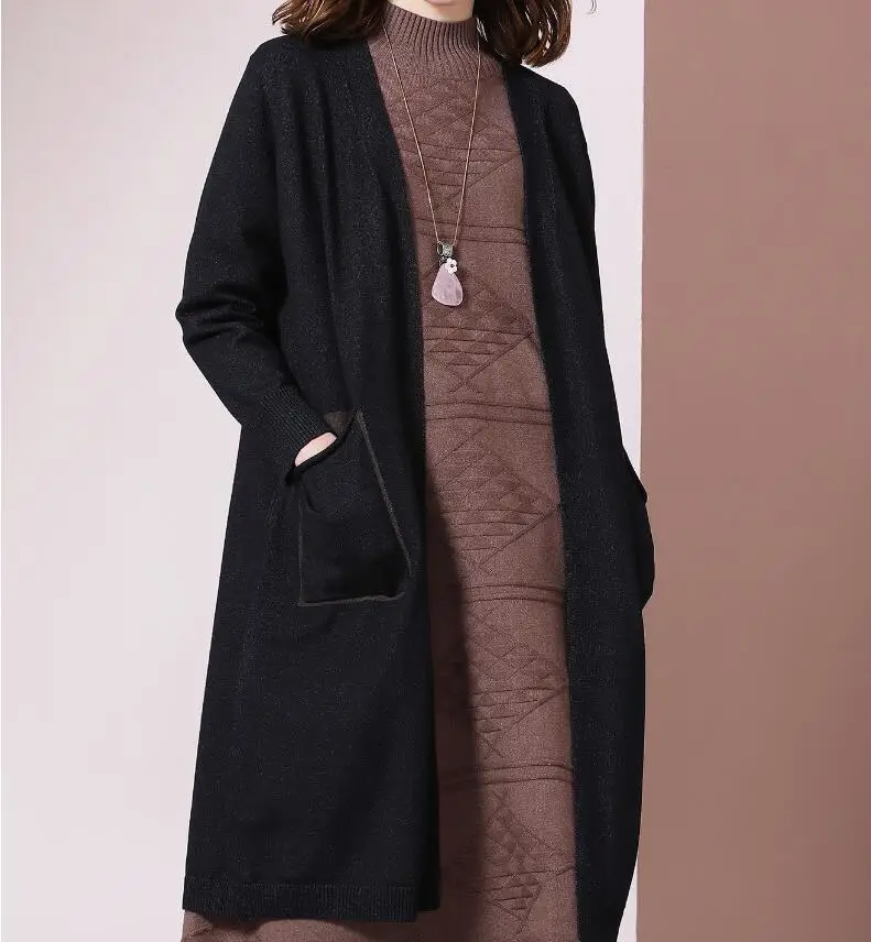 Свободный вязаный кардиган длинный свитер оверсайз вязаное пальто Женский