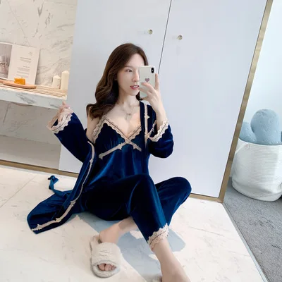 

Пижама женская из вельвета, однотонная, на бретельках, с V-образным вырезом, Осень-зима