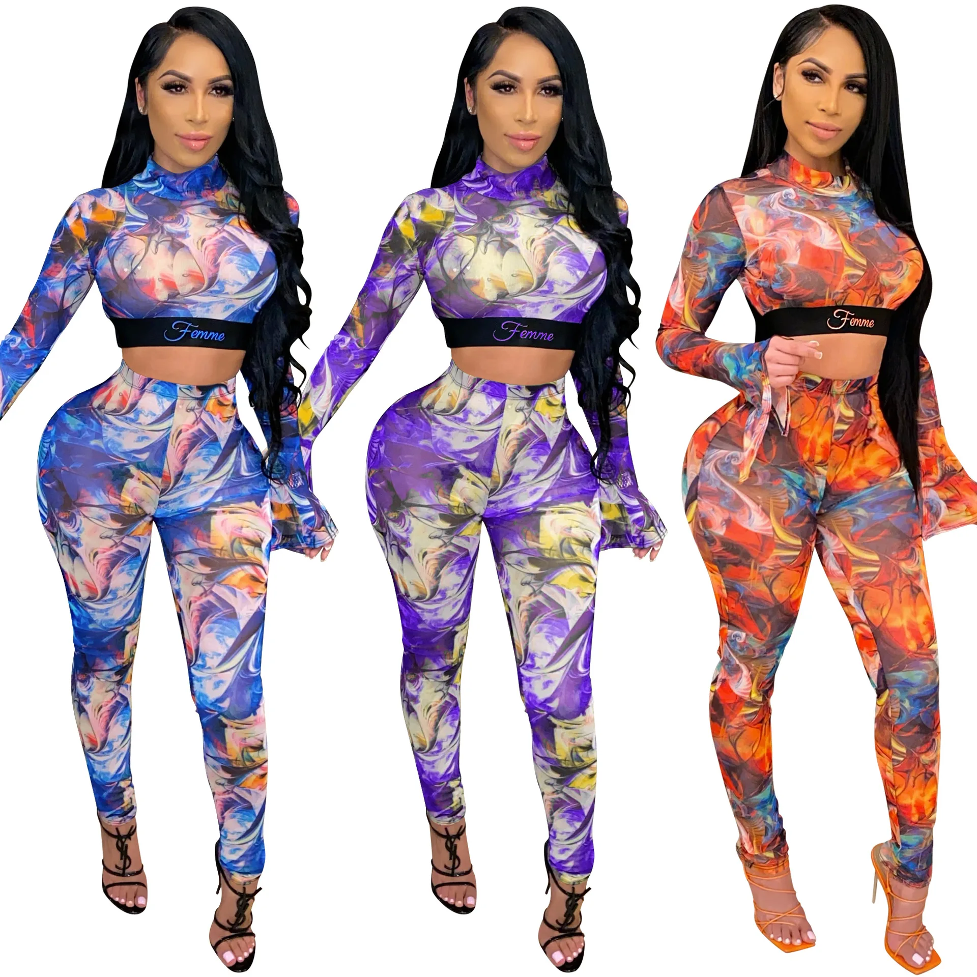 Повседневный комплект из двух предметов с принтом тай-дай прозрачная сетчатая