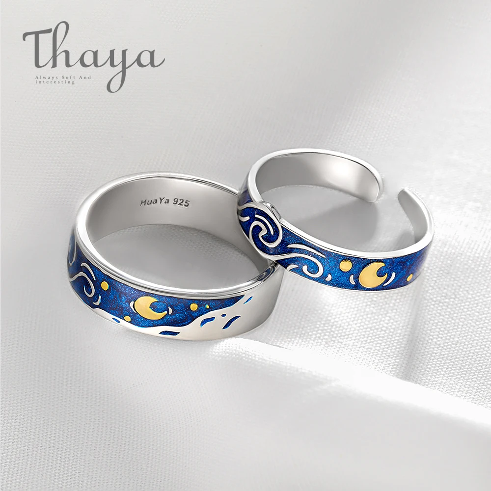 

Thaya Genuine Van Gogh's Enamel Rings Jewelry 925 Silver Glitter Deer Sky Gold Moon Star Canvas Finger Ring Romantic for Women