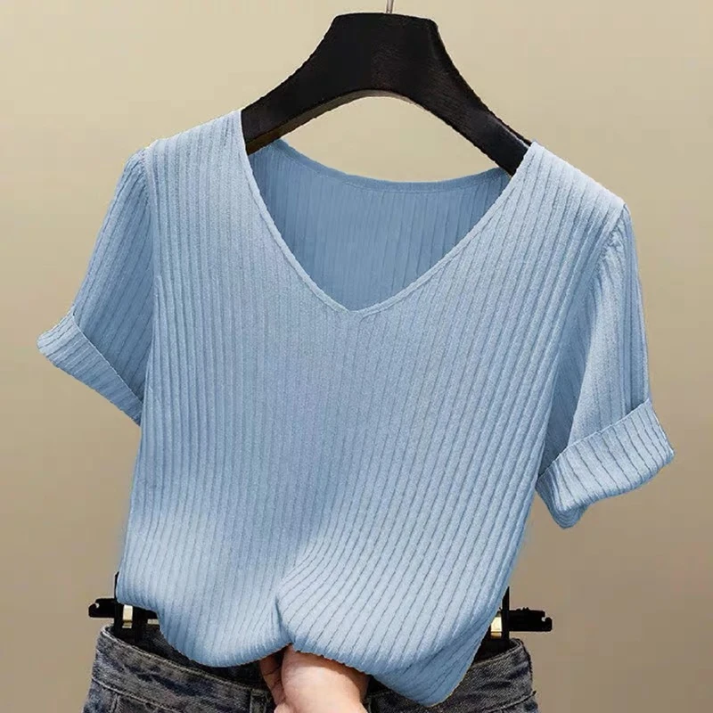 

Blue Knitted short sleeve Tshirt Women Tops 2020 summer T-shirt thin V-neck Female Tee shirt Loose Dames gebreid tshirt Camiseta