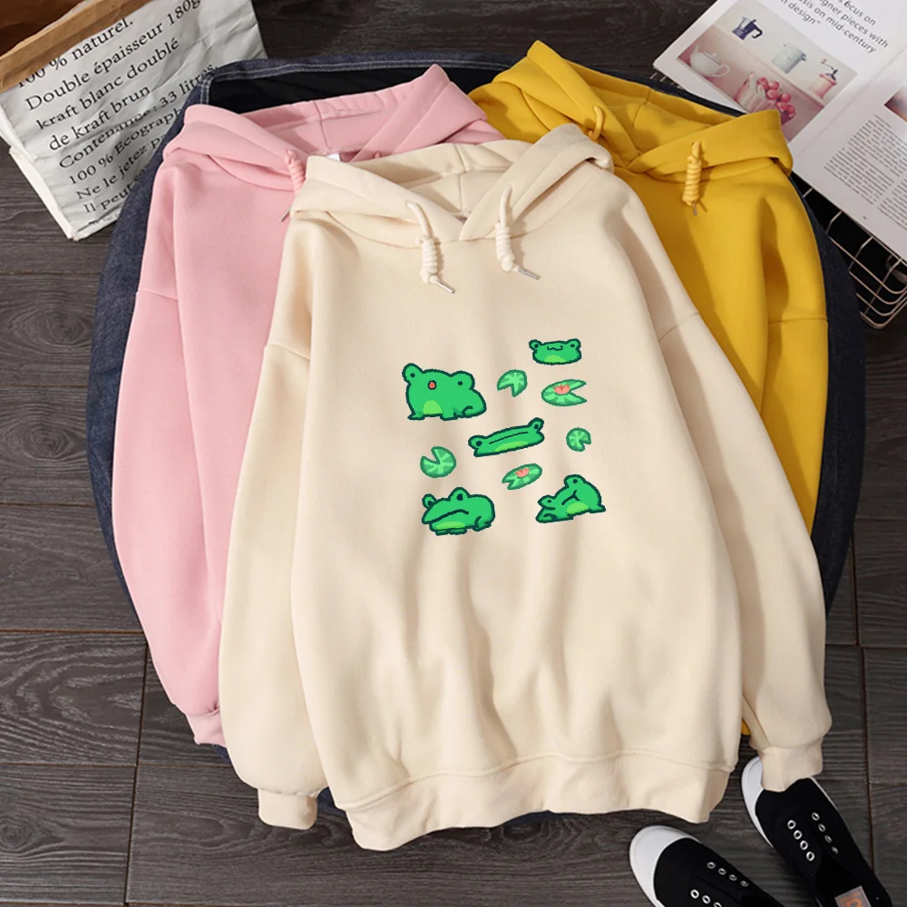 Hoody Hoodie Oversized Womens Hooded Fleece Lined Sweatshirts Men Sweetshirts Korean 90's Aesthetic Frog Printing Kawaii Graphic