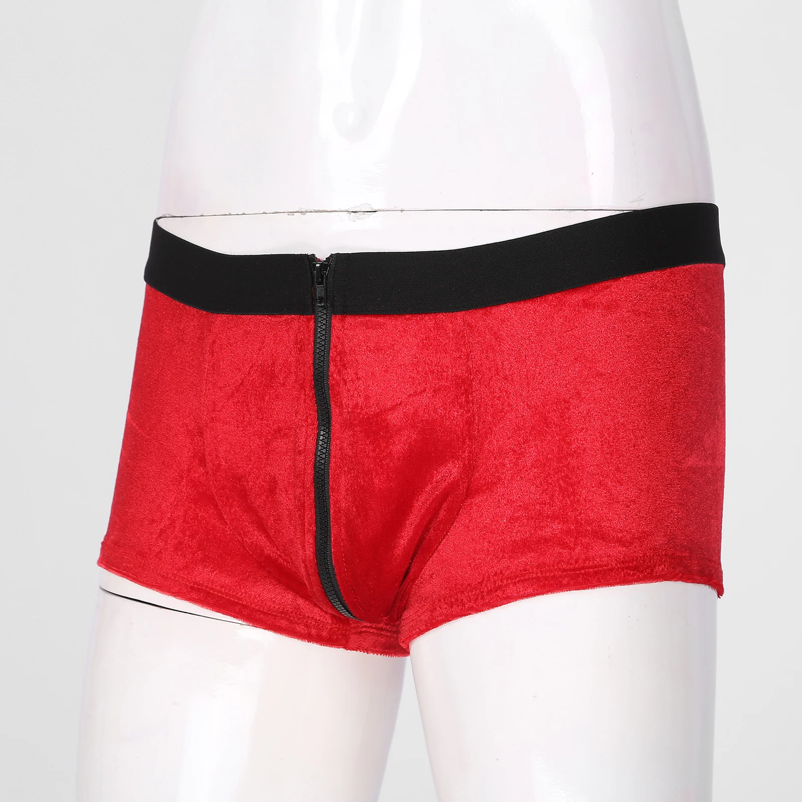 Men Red Short Underwears Velvet Boxer Brief For Christmas Role Play Elastic Waistband Low Waist Zipper Bulge Pouch Underpants |