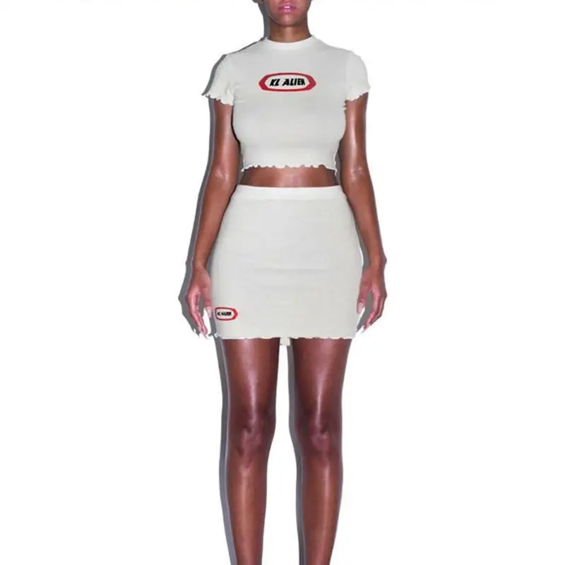 

Women Sexy Outfit Letters Print Ruffles Short Sleeve Crop Top Mini Bodycon Skirt Hot