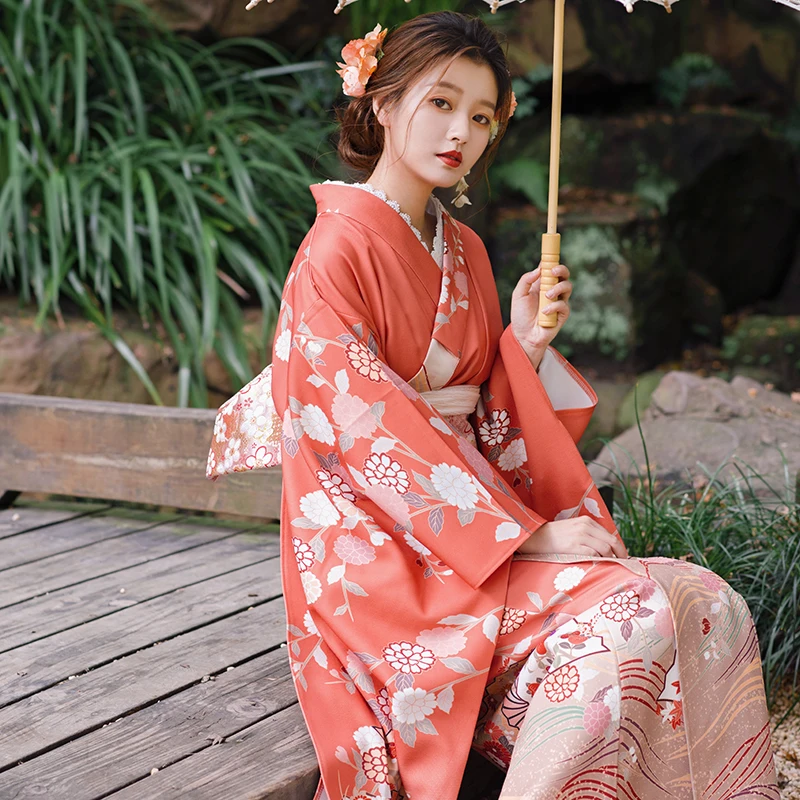 Japanese Traditional Long Sleeve Traditional Kimono Vintage Style Orange Color Floral Prints Yukata Cosplay Wear Photo Dress