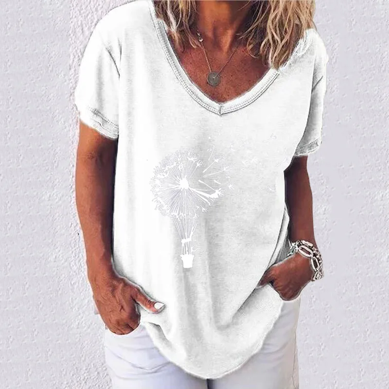 

Summer Women's Casual Loose Short Sleeve T-shirt Fashion Dandelion Printing V-Neck Tops Retro Street Style Top For Women