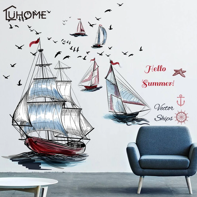 Современные Настенные Стикеры с изображением парусника корабля чайки ландшафта