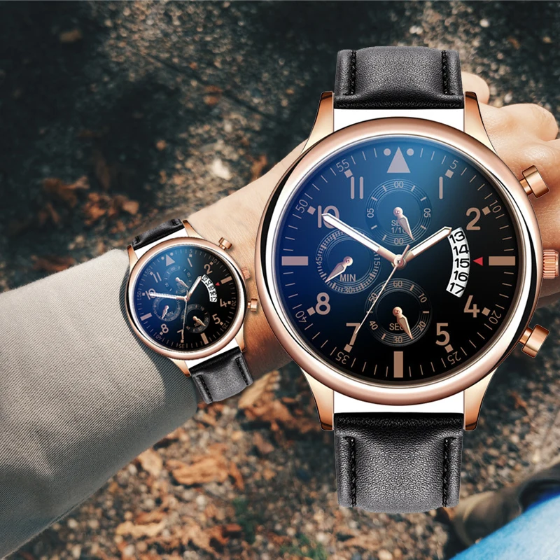 Для мужчин Роскошные часы кожа кварцевые High End Хронограф Календарь с большим