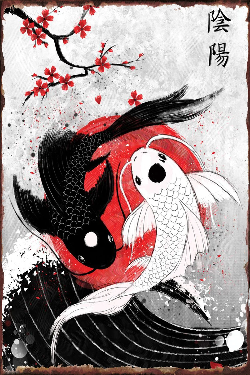 

Металлический знак Koi Fish Yin Yang RubyAr, оловянные таблички, декор для стен, декор для комнаты, ретро, винтажное украшение для клуба, мужской пещеры...