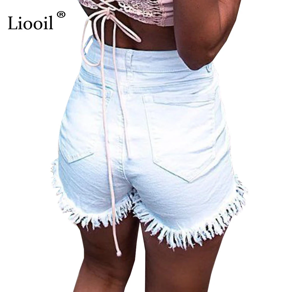 

Liooil 2021 Summer Tassel Denim Shorts Black White Red Skinny High Waisted Shorts Button Pockets Casual Women White Jean Shorts