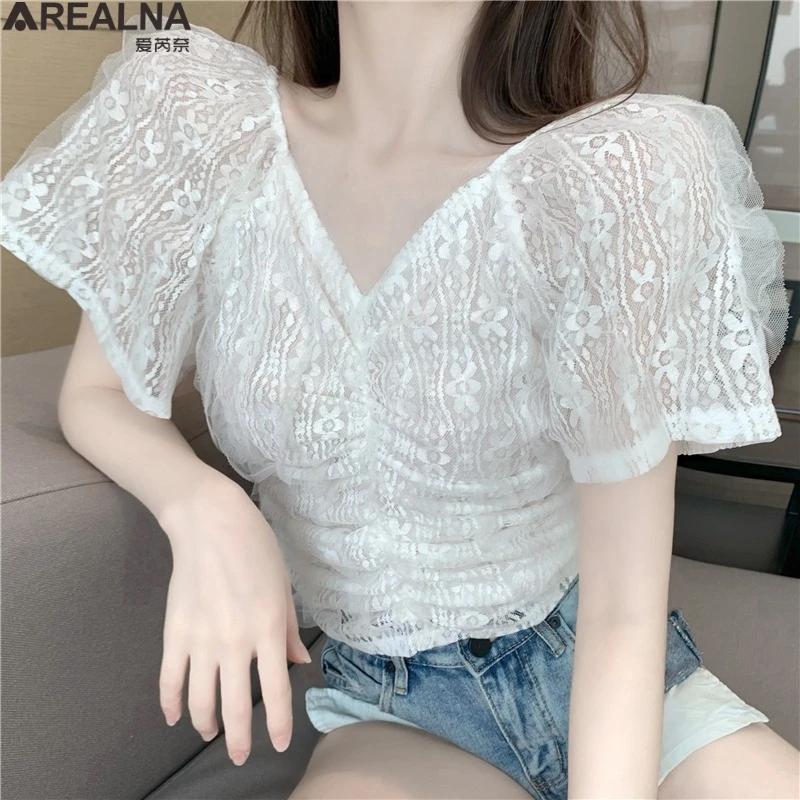 

Lace Women Blouse 2021 Summer New V-Neck puff sleeve Slim Solid Crop Top sexy Hollow out Korean fashion Lady Elegant white Tops
