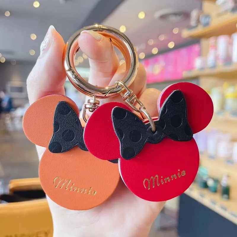 

5 Colours Disney Mickey Mouse Keychain Leather Mickey Head Bowknot Keychain Car Couple Bag Key Chain Girl's Gift Toys