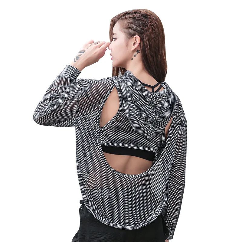 Женская спортивная футболка Спортивная Сетчатая с капюшоном и длинным рукавом