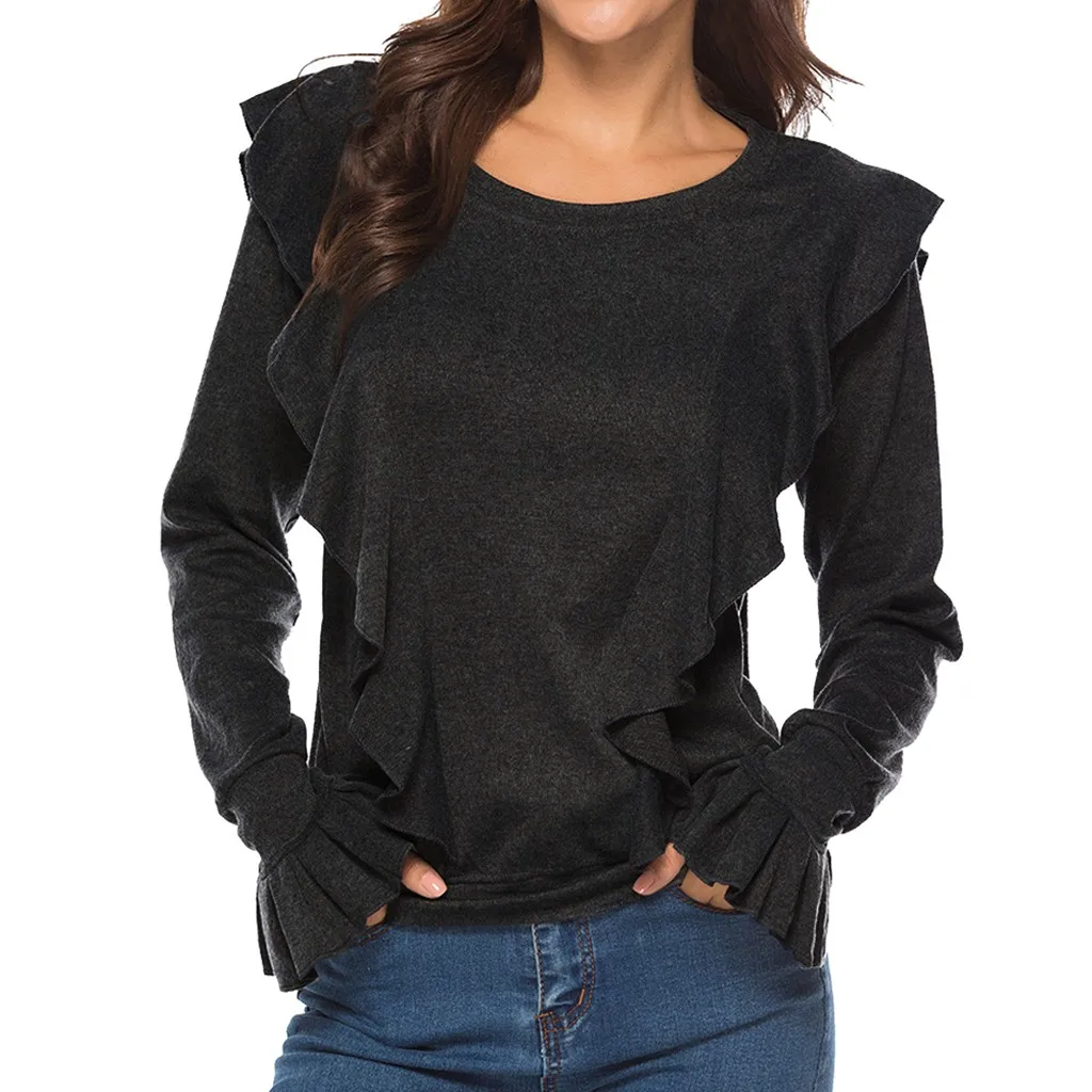 Свитер женский модный однотонный Вязаный топ с круглым вырезом и оборками