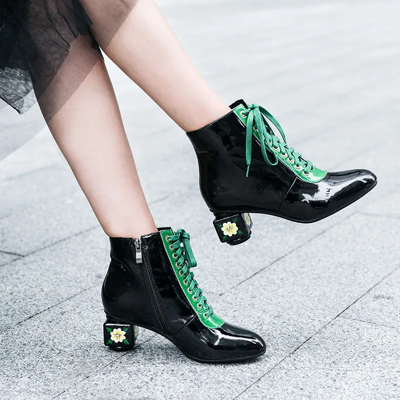 Женские ботинки из натуральной кожи Phoentin ботильоны на среднем каблуке шнуровке с