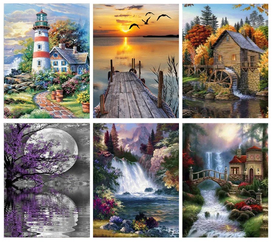 

DIY 5D Diamond Painting House Cross Stitch Landscape Full Round Drill Aurora Lake Diamond Embroidery Mosaic Art Home Decor Gift