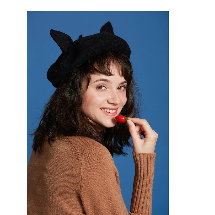 Черная шерстяная шапка ручной работы милые кошачьи ушки женские береты ручная