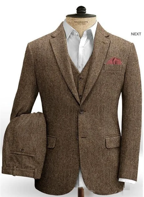 Темно коричневые Свадебные смокинги мужские костюмы Твидовые для жениха костюм