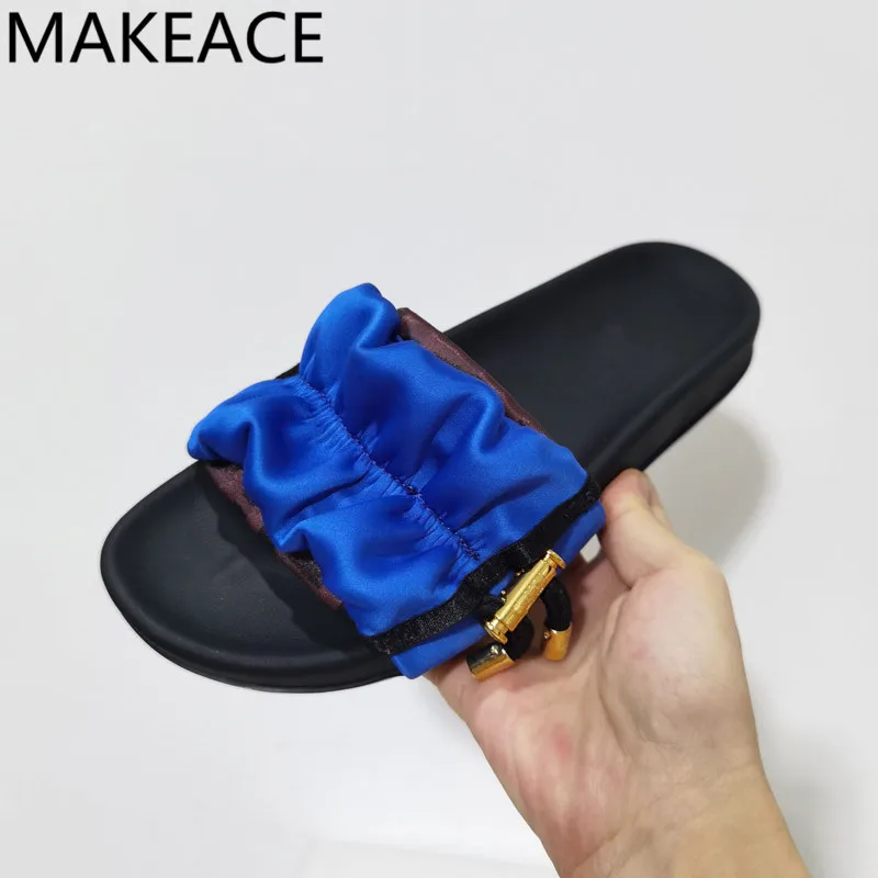 

Luxury Brand Designer Flat Slippers Women Peep Toe Silk Folding Slides Ladies Vacation Beach Thick Sole Shoes For Woman Mujer