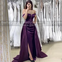 sexy off shoulder long prom dresses purple organza streamer side split a line women formal evening dress party gown