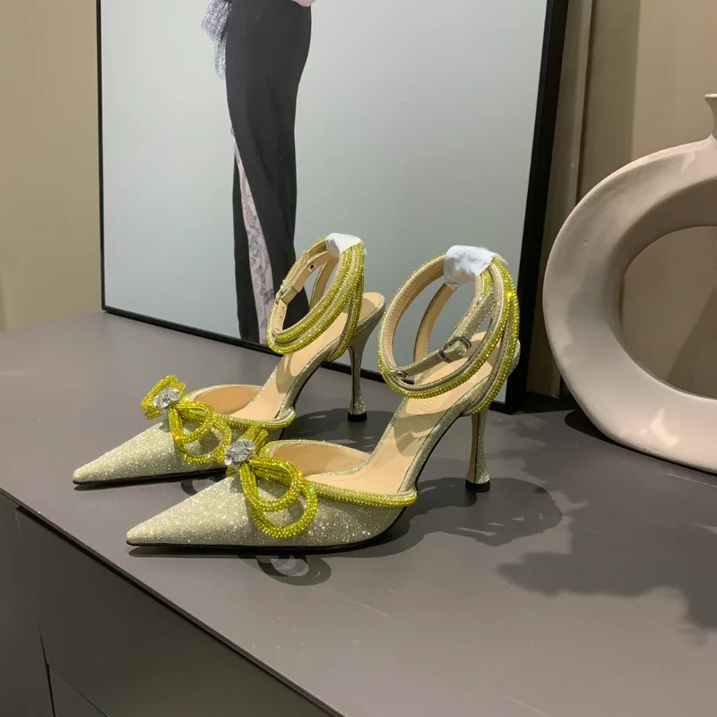 Zapatos Stilettos de Punta puntiaguda, sexys, con tiras de cristal en el tobillo, para boda, tacones altos de diseñador