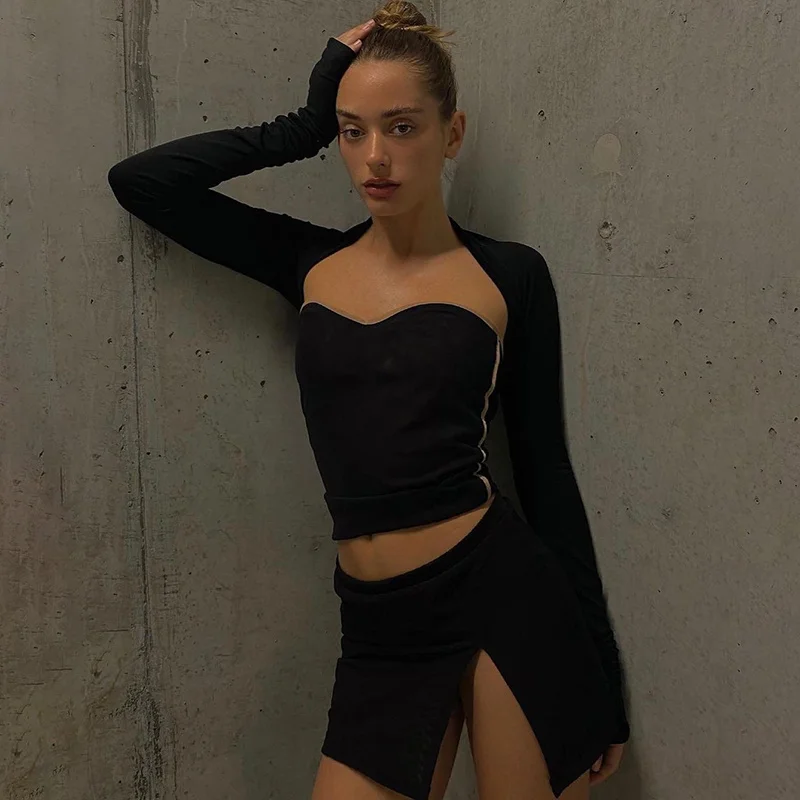 

CHRONSTYLE Strapless Off Shoulder Back Lace-up Tube Crop Tops Tank Vest 2021 Sexy Women Party Clubwear With Long Sleeve T-shirts