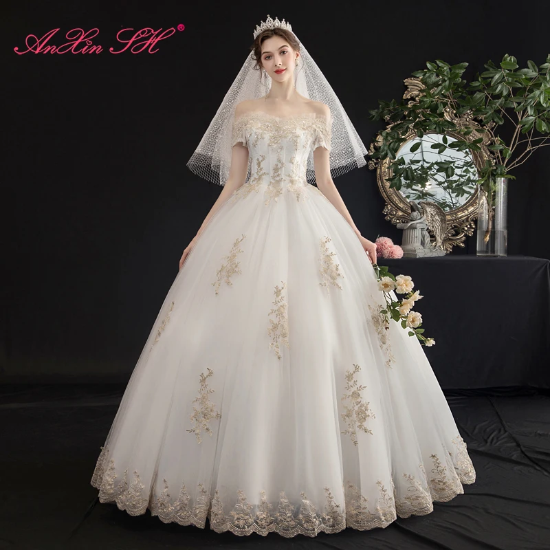 

AnXin SH princess champagne flower lace wedding dress vintage boat neck ball gown beading crystal ruffles bride wedding dress