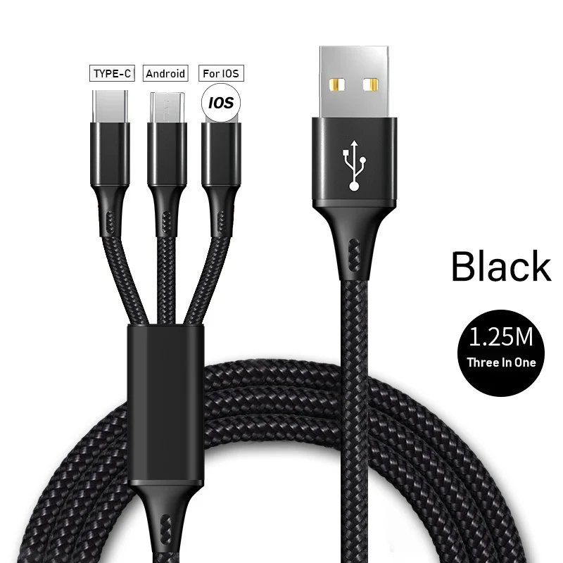 Black 3 в 1 USB кабель для iPhone XS Max X 7 2.4A Быстрая зарядка зарядное устройство type-C Micro USB кабель для samsung S10 мобильный телефон USB C шнур - Тип штекера: Black