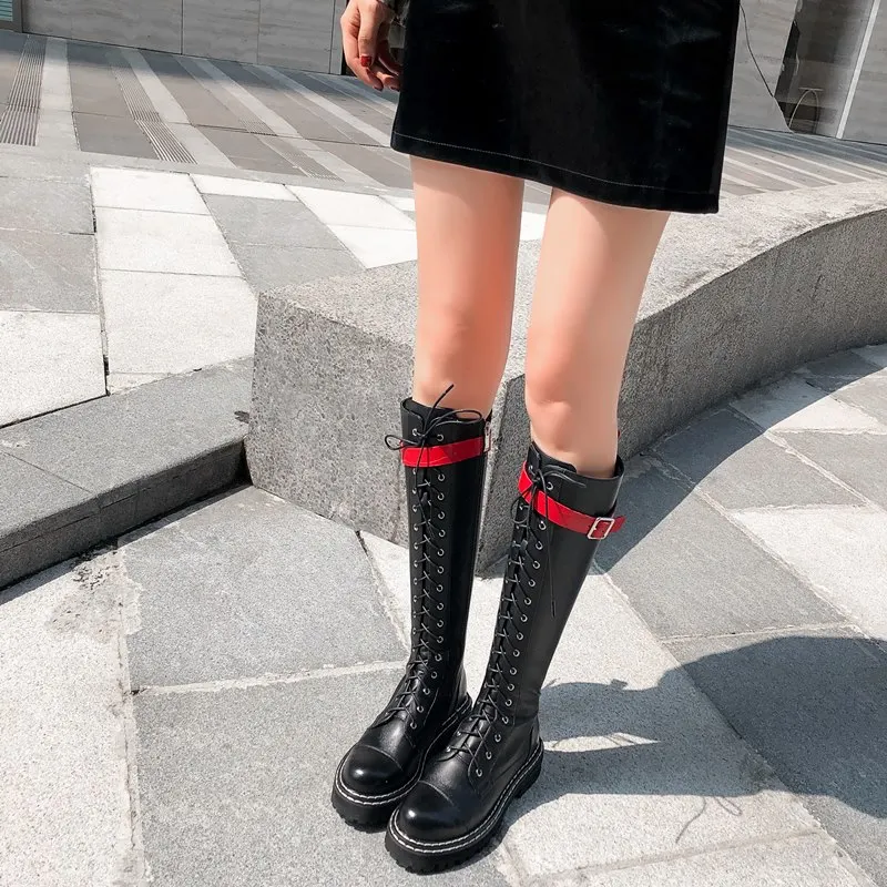 

MORAZORA 2020 New genuine leather boots women punk combat platform boots ladies footwear autumn winter knee high boots for women
