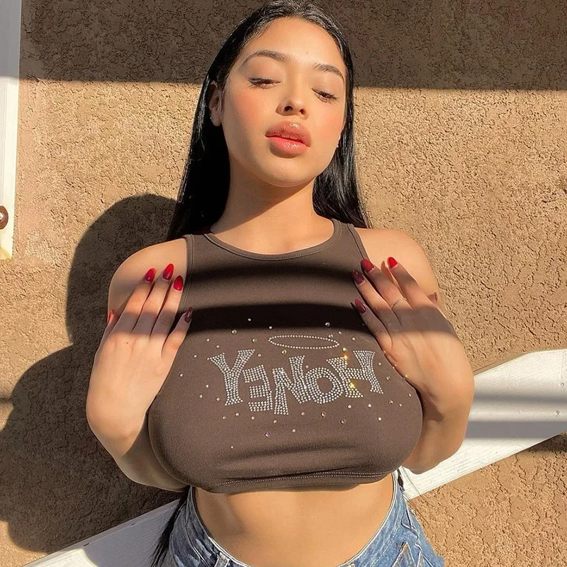 

2021 Sequined Letters Print Sleeveless Camis Sexy Crop Top Summer Women Fashion Streetwear Outfits harajuku Y2K Tees Brown Tops
