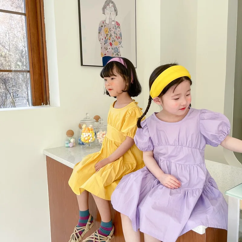 

Beautiful Girl Dress Kids Baby 2021 Fashion Spring Summer Puff Sleeve Princess Casual Long Style Solid Dresses Children Clothing