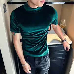 Men's Velvet Pure Color Short Sleeve T-shirt Summer 2021 Men's Fashion Tight Short Sleeve Fashion Slim Men's Clothing T-shirt 10 item image