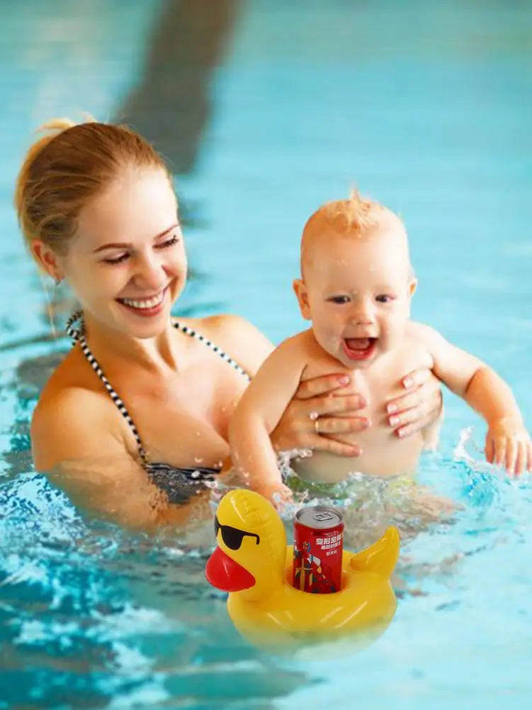 Monopat&iacute;n de pato amarillo para piscina, portavasos inflable flotante para bebidas, gafas de sol de verano-3