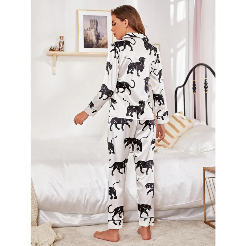 Home Wear Two-piece Women's Autumn Chic Printed Long-sleeved Loose Lapel Silk Basic Pajamas Comfortable   Wm*