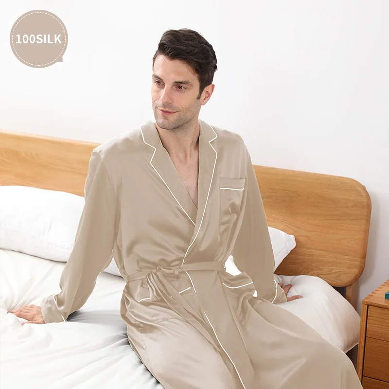 22 MM mulberry silk long nightgown robe men's silk pajamas bathrobe 100% mulberry silk sleep robe